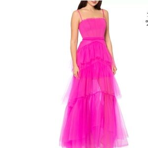 Betsy & Adam Pink Ruffle Tiered Tulle Maxi Gown| Size 4